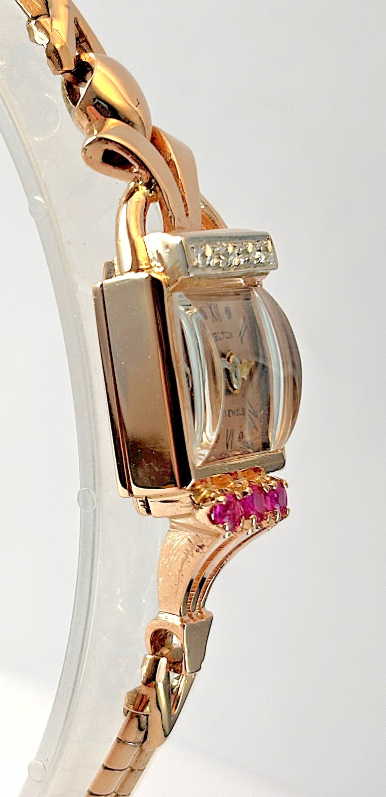 Vintage Alton Solid 14K Rose Gold Diamons Rubies Petite Cocktail Lady’s Watch