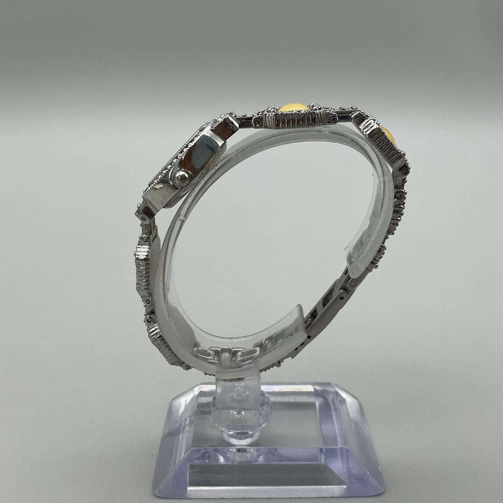 Express Womens Watch 17mm Marcasite Silver Tone Yellow Inlay New Battery 7.25″