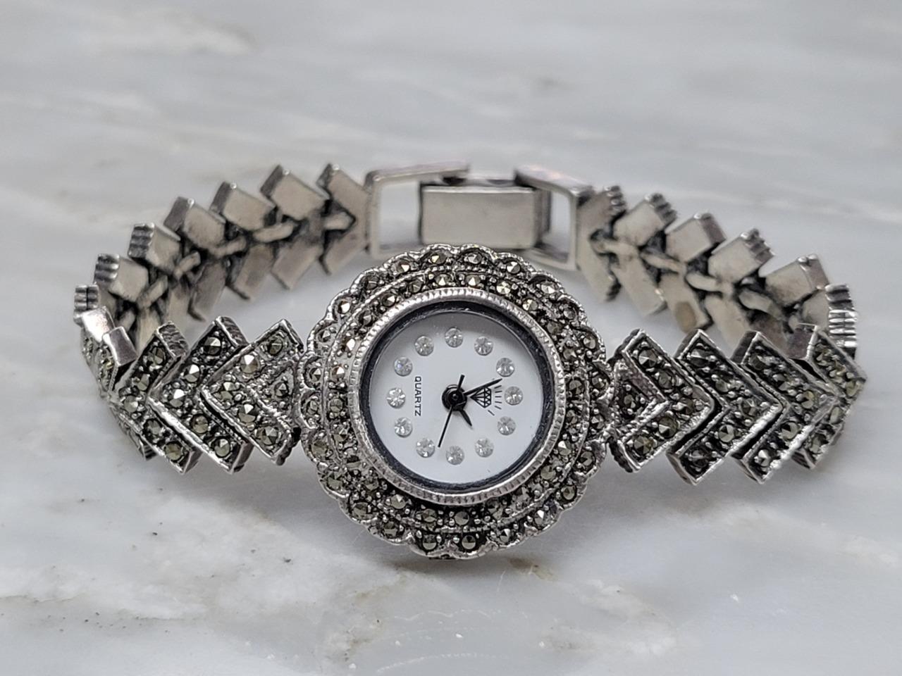 Sterling Silver Marcasites Accented Quartz Wristwatch 7″ ~ 38.9g ~ 12-E1019