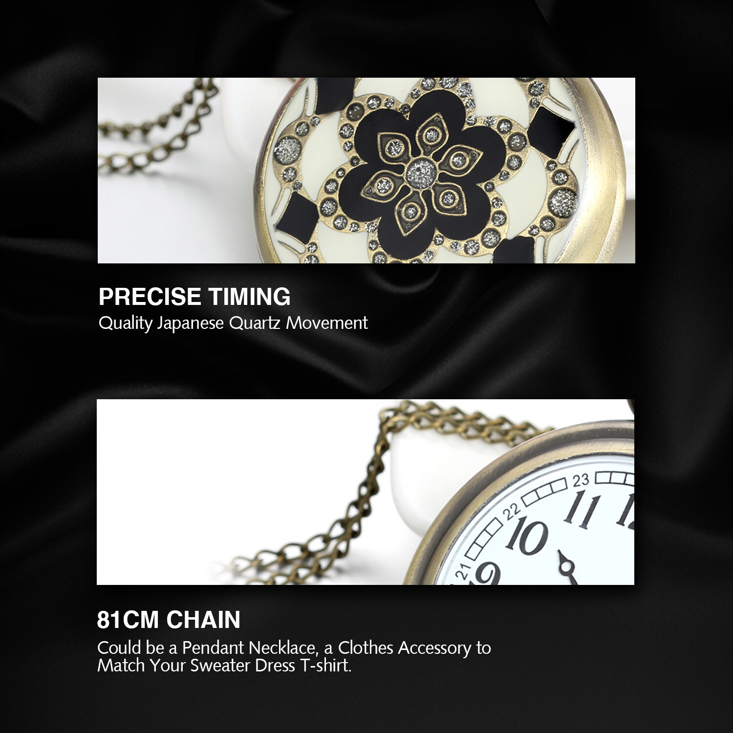 Women’s Vintage Bronze Blossoms Pattern Quartz Pocket Watch Charm Necklace Chain