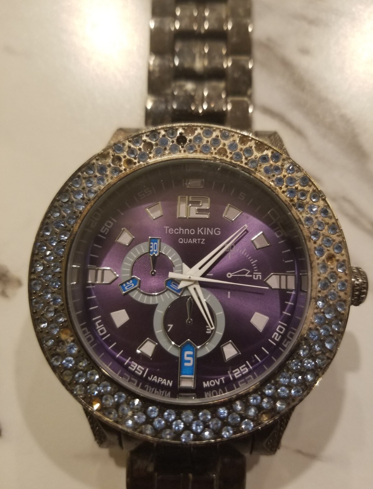 Men’s hematite Techno King fashion Purple Clear Stone Watch (Worn & Broken Band)
