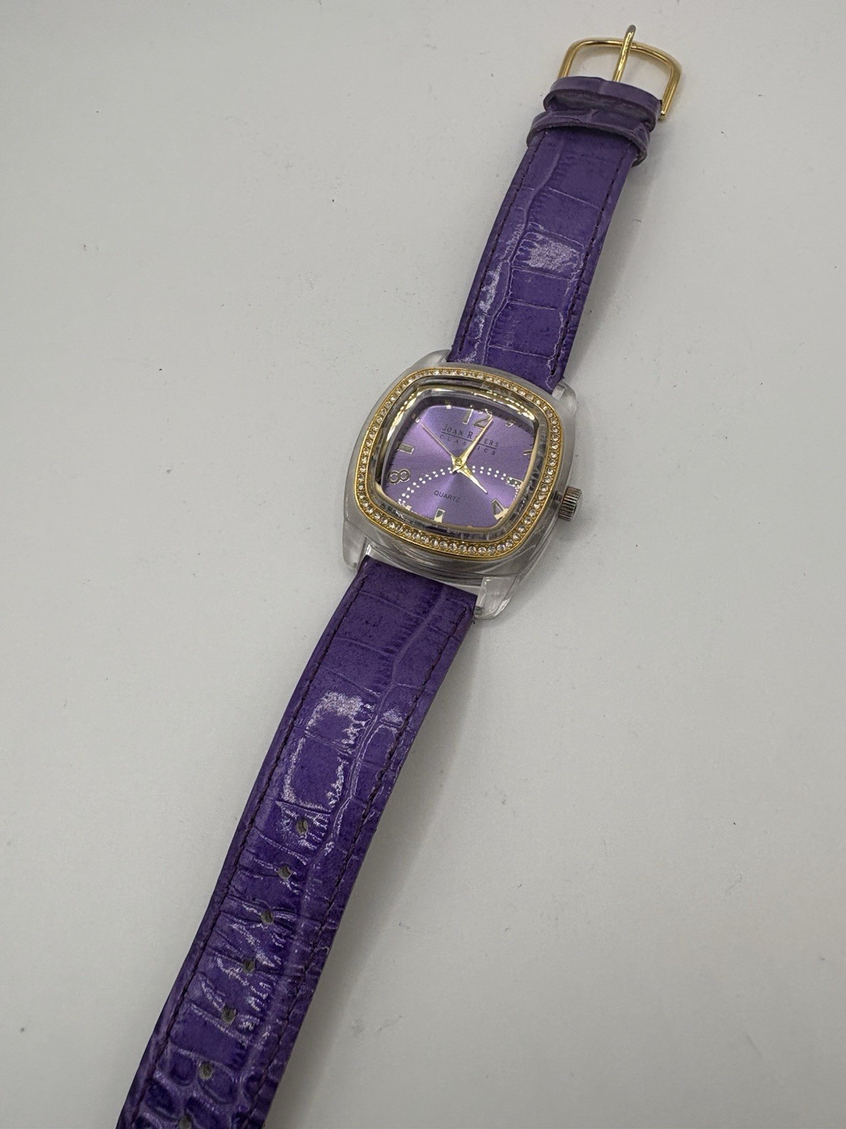 Joan Rivers Classics Women’s Watch Purple Clear Case Gold Tone Needs Battery