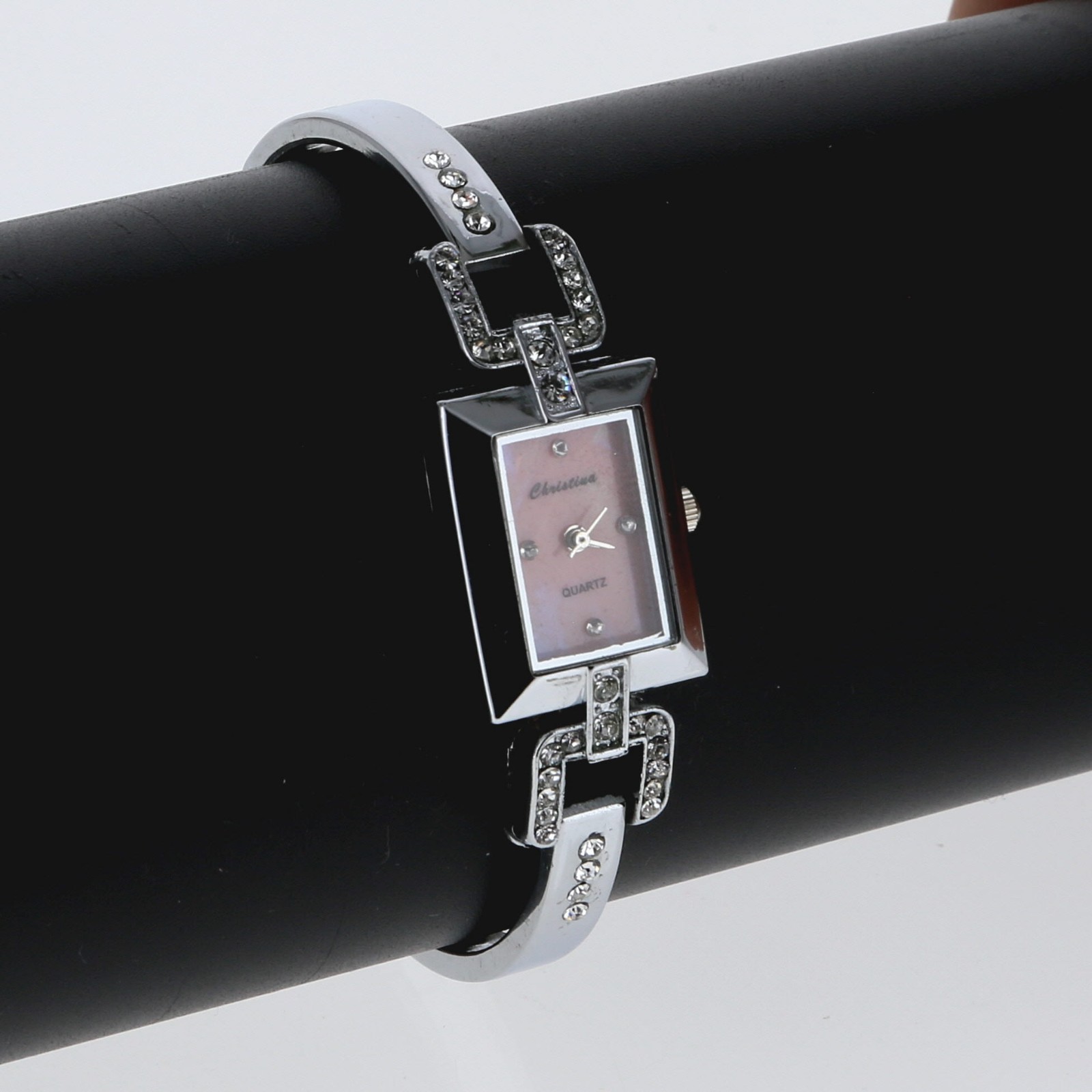 Silver Rhinestone Crystal Bracelet Watch 19mm x 24mm Pink Mother of Pearl Dial