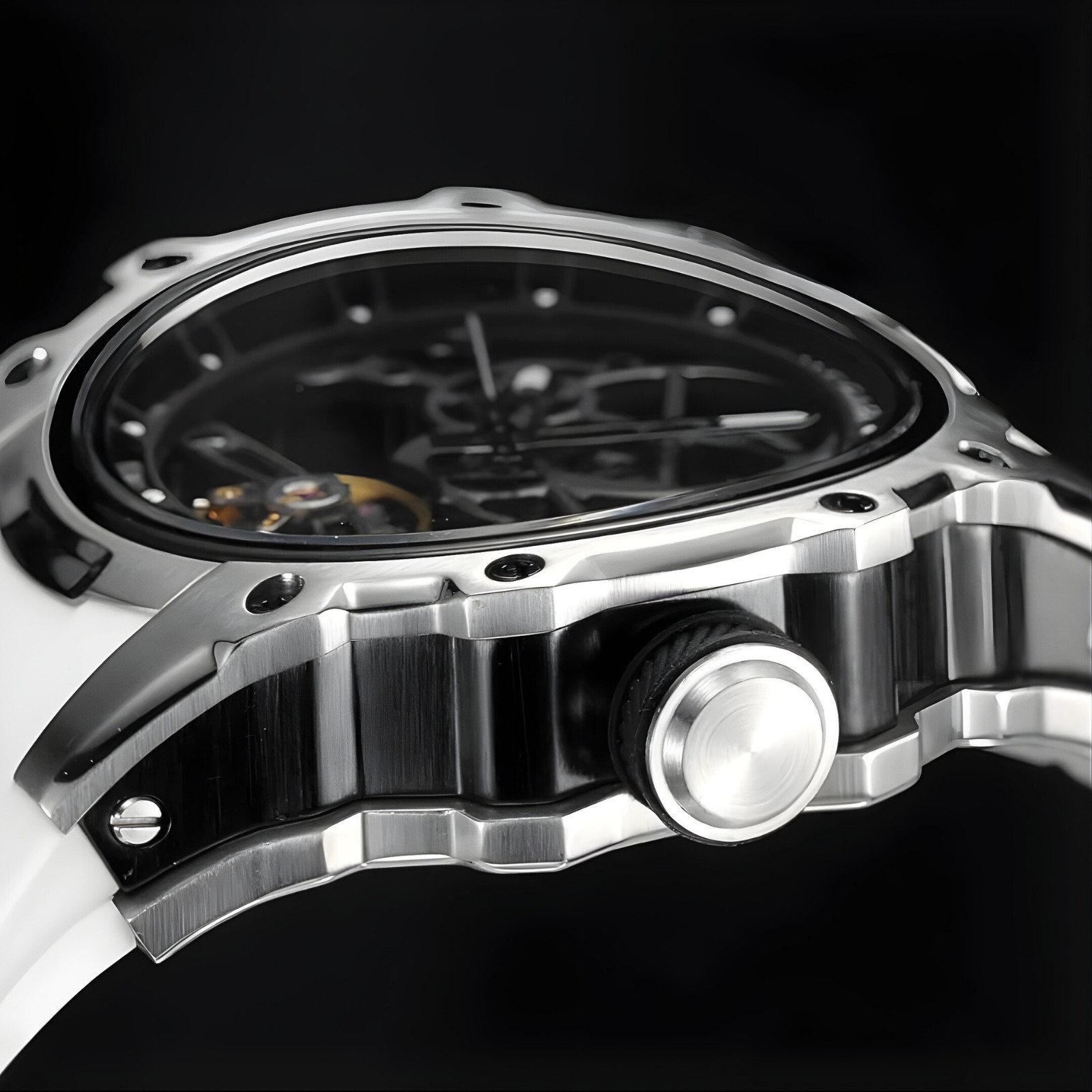 Megir 2243 Automatic Skeleton Watch 43mm Steel Case White Strap – UK Seller