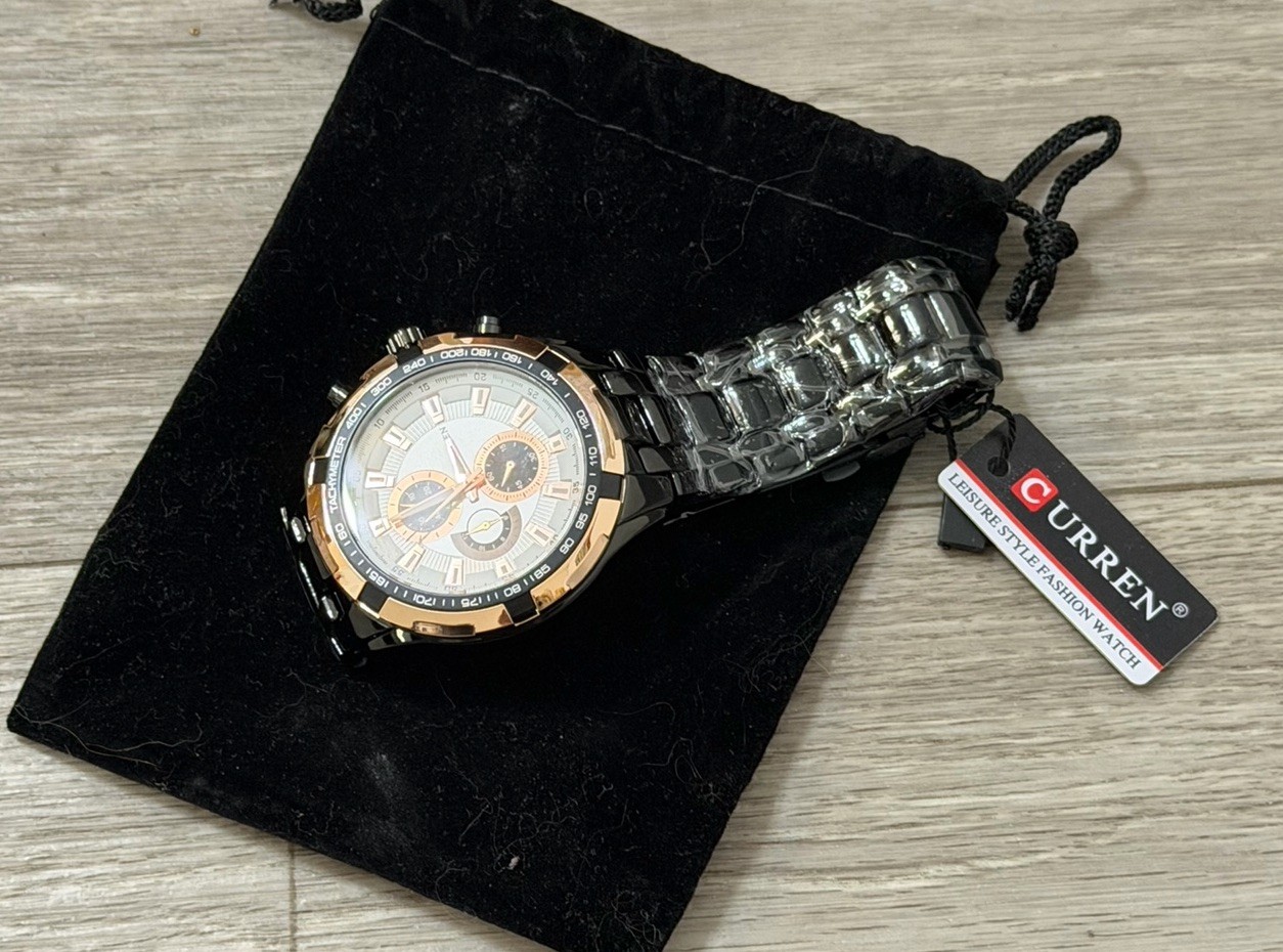 CURREN Men’s Chronograph Tachymeter Quartz 46mm Black/Rose Gold Bracelet