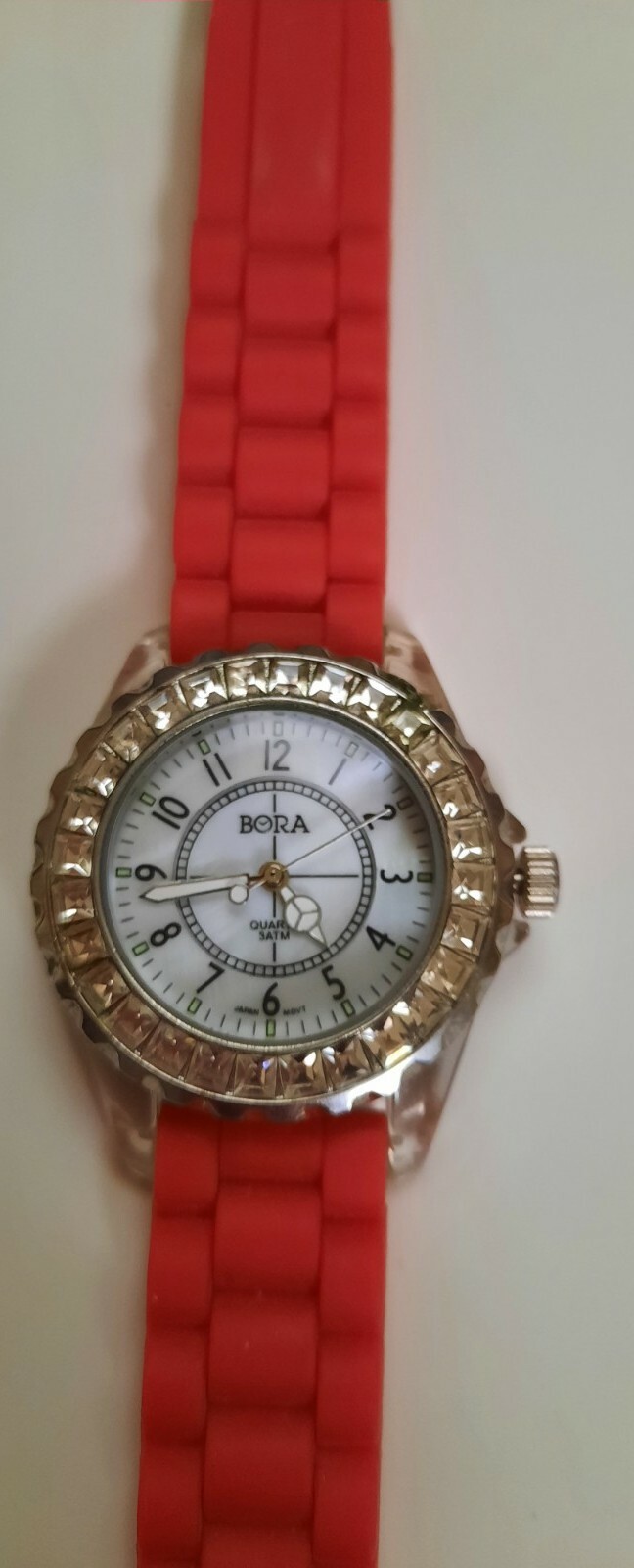 Bora Rhinestone Bling Fancy Watch Opalescent Face Red Silicone Band Pre-Owned