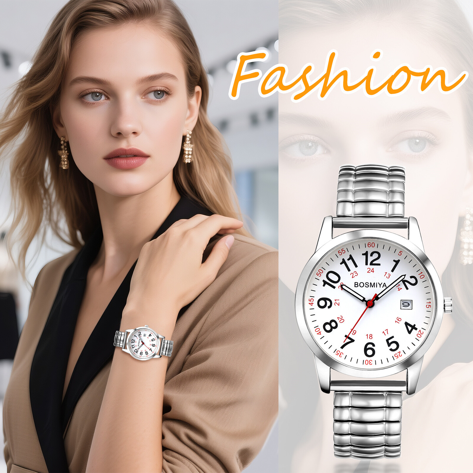 Women Men 12H/24H Big Dial Easy Reader Date Dial Elastic Band Quartz Wrist Watch