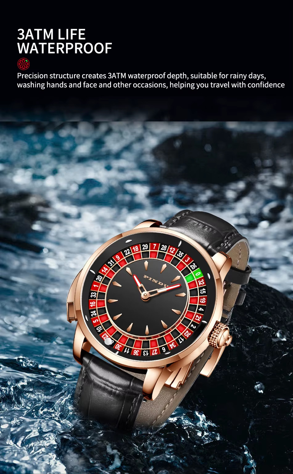 PINDU Luxury 46mm Men’s Automatic Watch 5ATM Casino Tourbillon Rotating Roulette