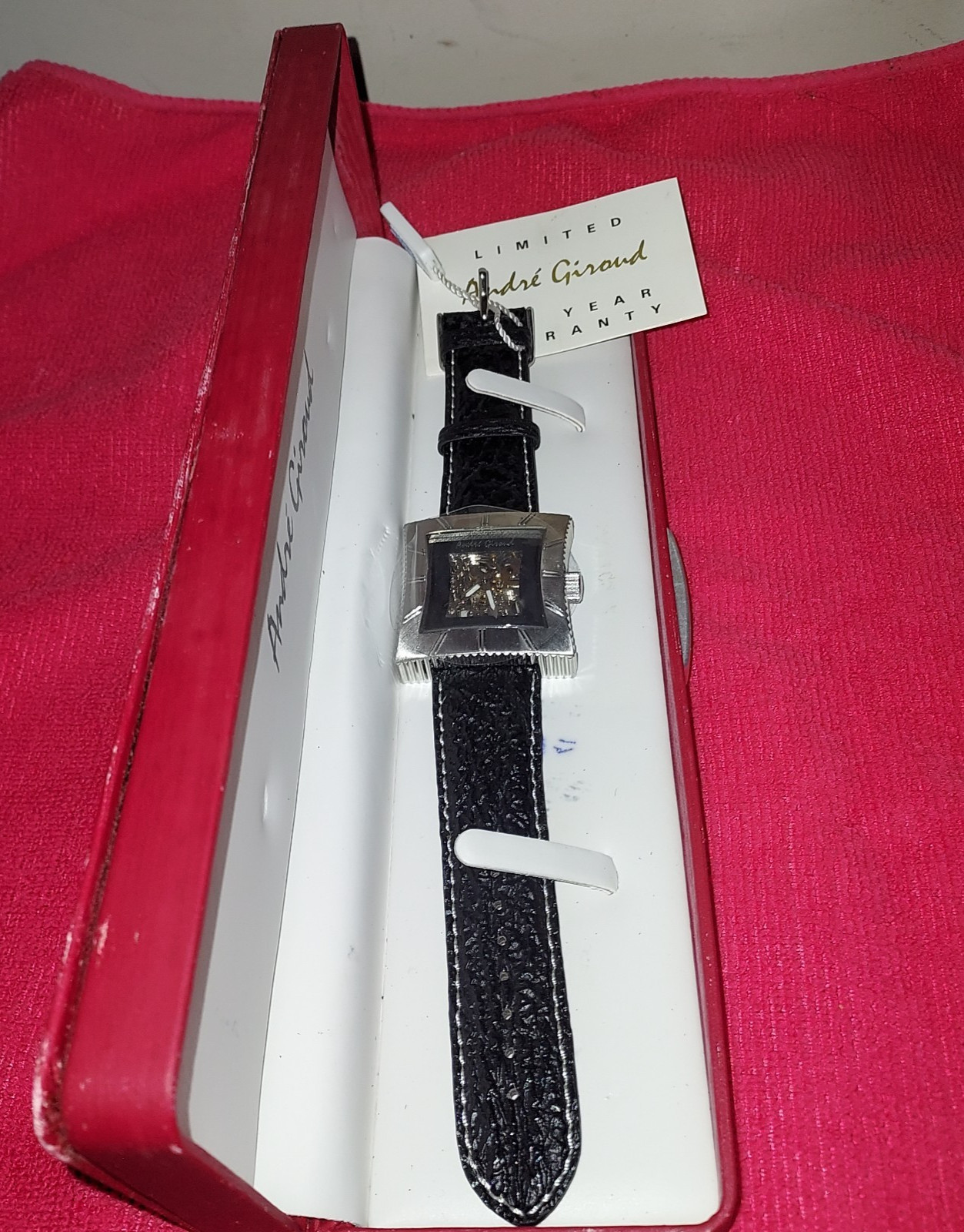 Andre Giroud Men’s Watch Self Winding Shark Leather Black Automatic Skeloton NOS