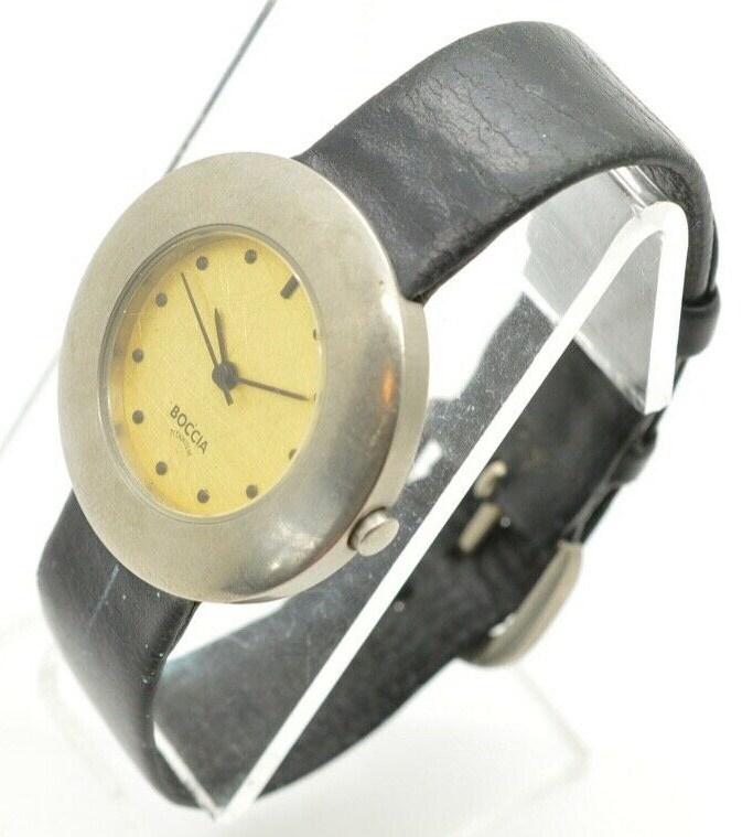 Boccia Round Grey Titanium Ladies Watch on Black Leather Strap with Gold Dial