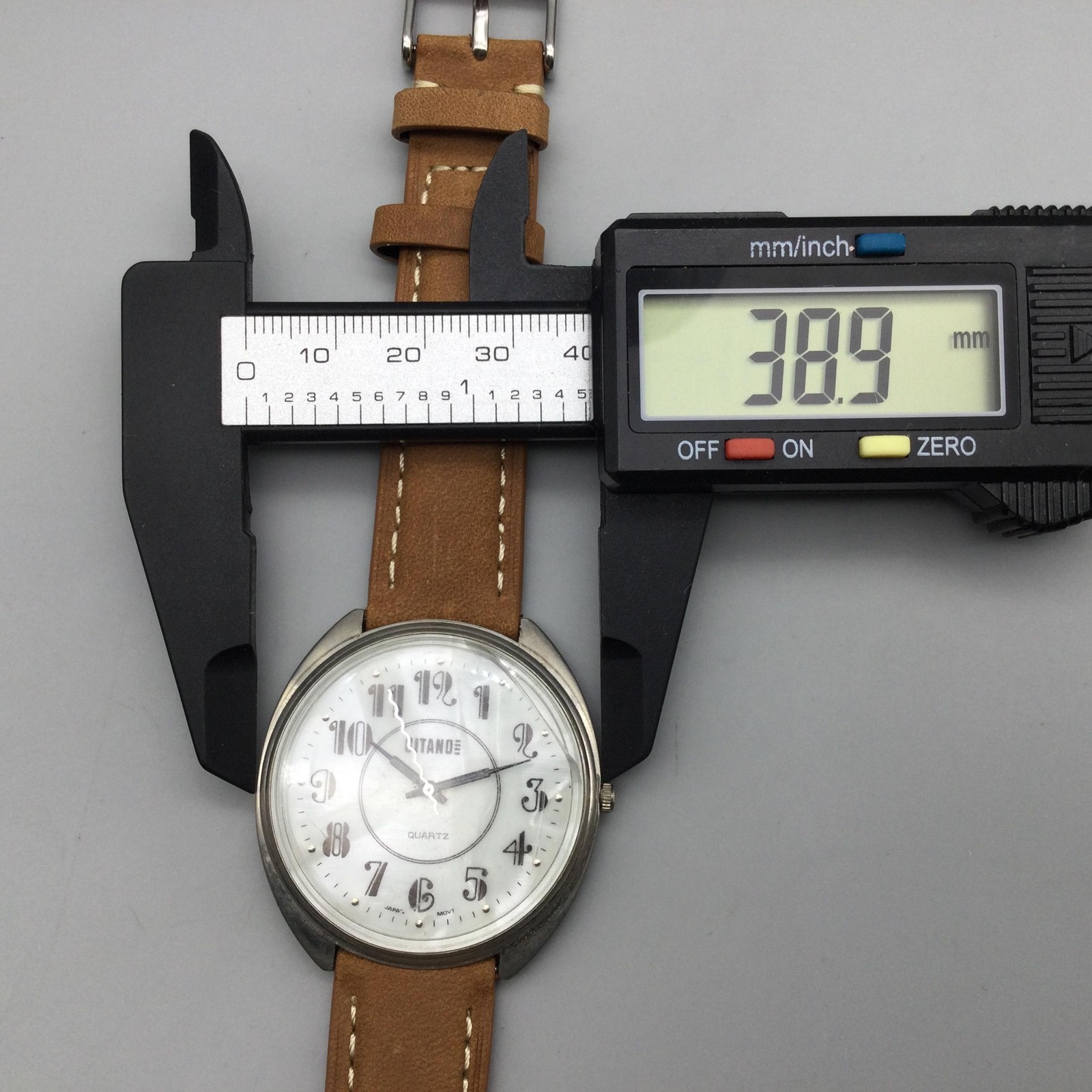 Gitano Time Watch Unisex 39mm Silver Tone MOP Dial Tan Leather Strap New Battery