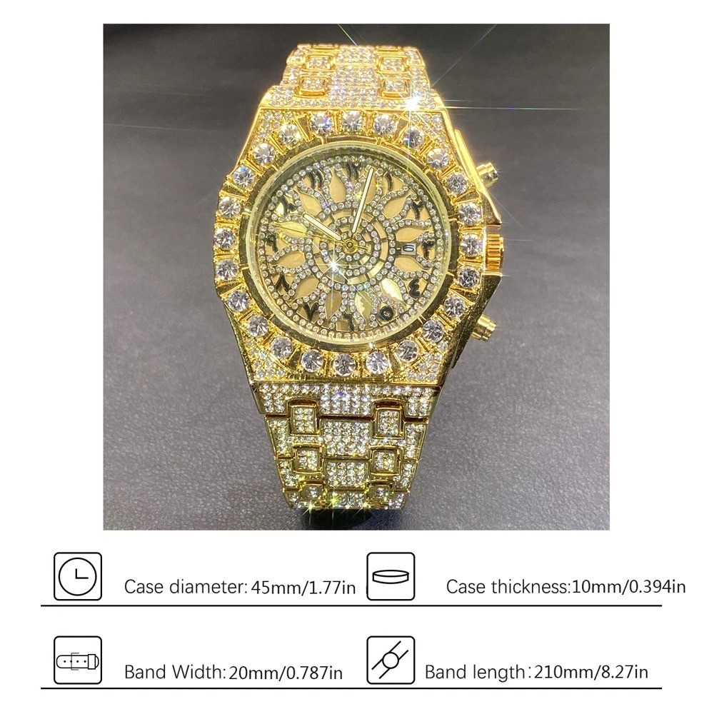 Arabic Luxury Hip Hop Custom Bling Ice out Men Watch Gold Iced Simulated Diamond