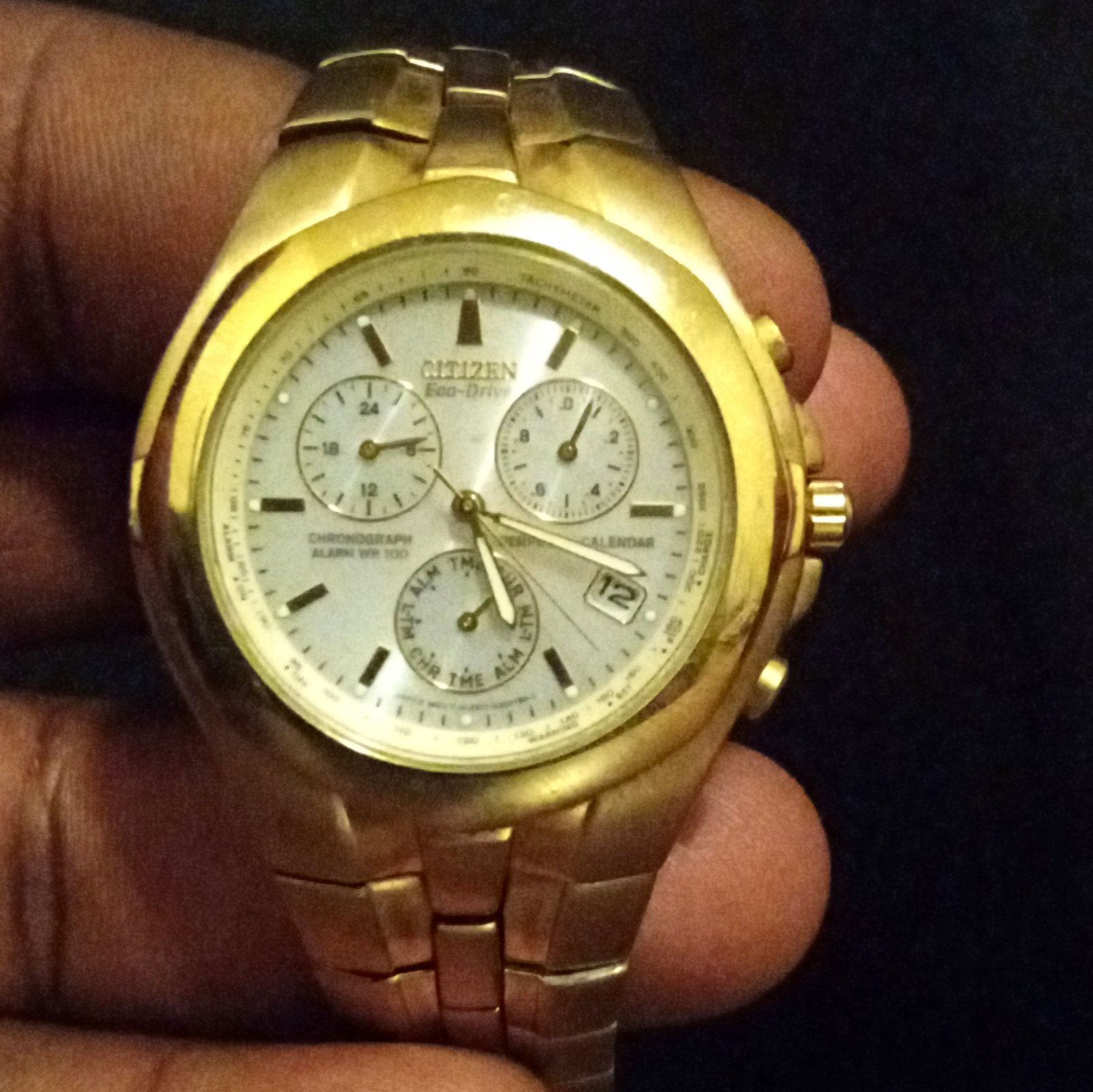 Citizen Eco-Drive Chronograph Alarm Date Tachymeter Gold SS White Dial 100m