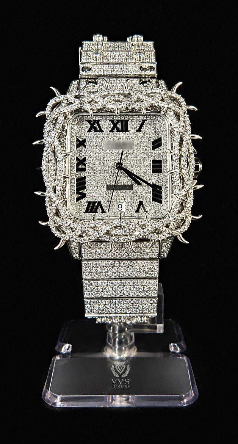 Iced Out Moissanite Thorn Watch Silver Luxury Roman Numeral Date Watch