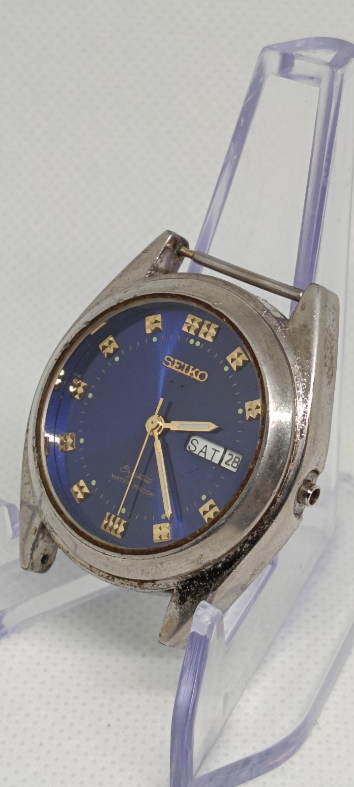 Vintage Seiko Crystal Blue Dial Day-Date Mechanical Watch For Repair Or Parts