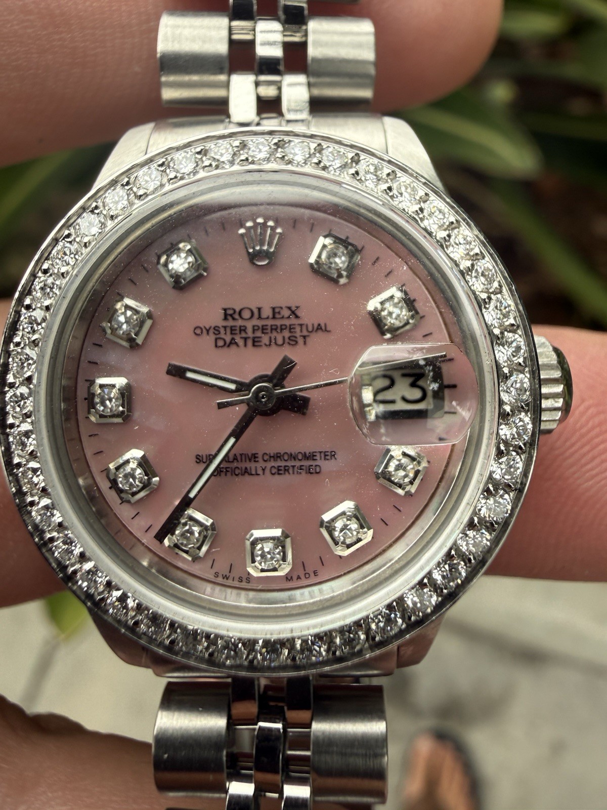 Rolex Ladies Datejust Pink MOP Diamond Dial Diamond Bezel Jubilee Band