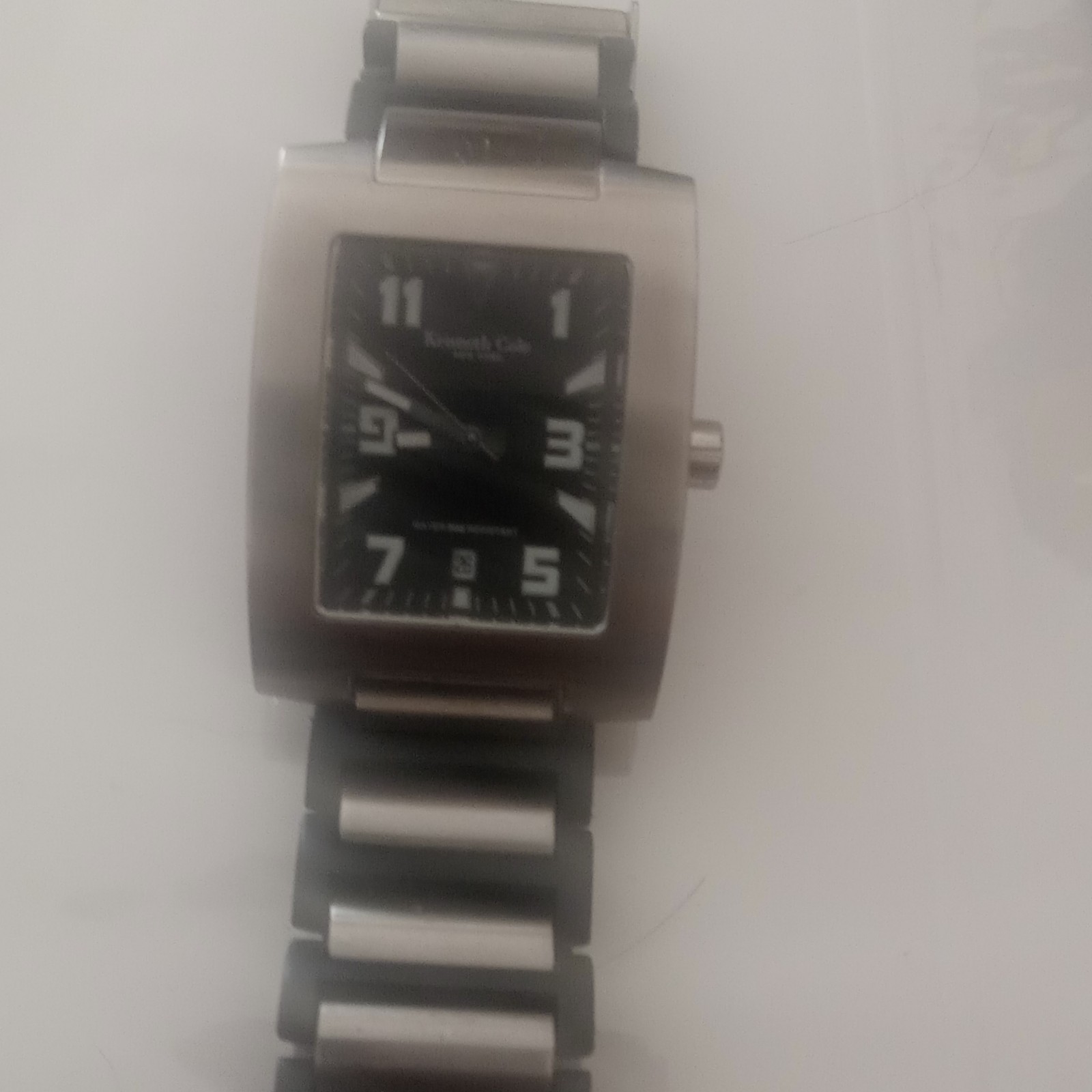 Kenneth Cole Quartz Rectangle Watch Date 30m Black Dial Arabic Two-Tone Bracelet