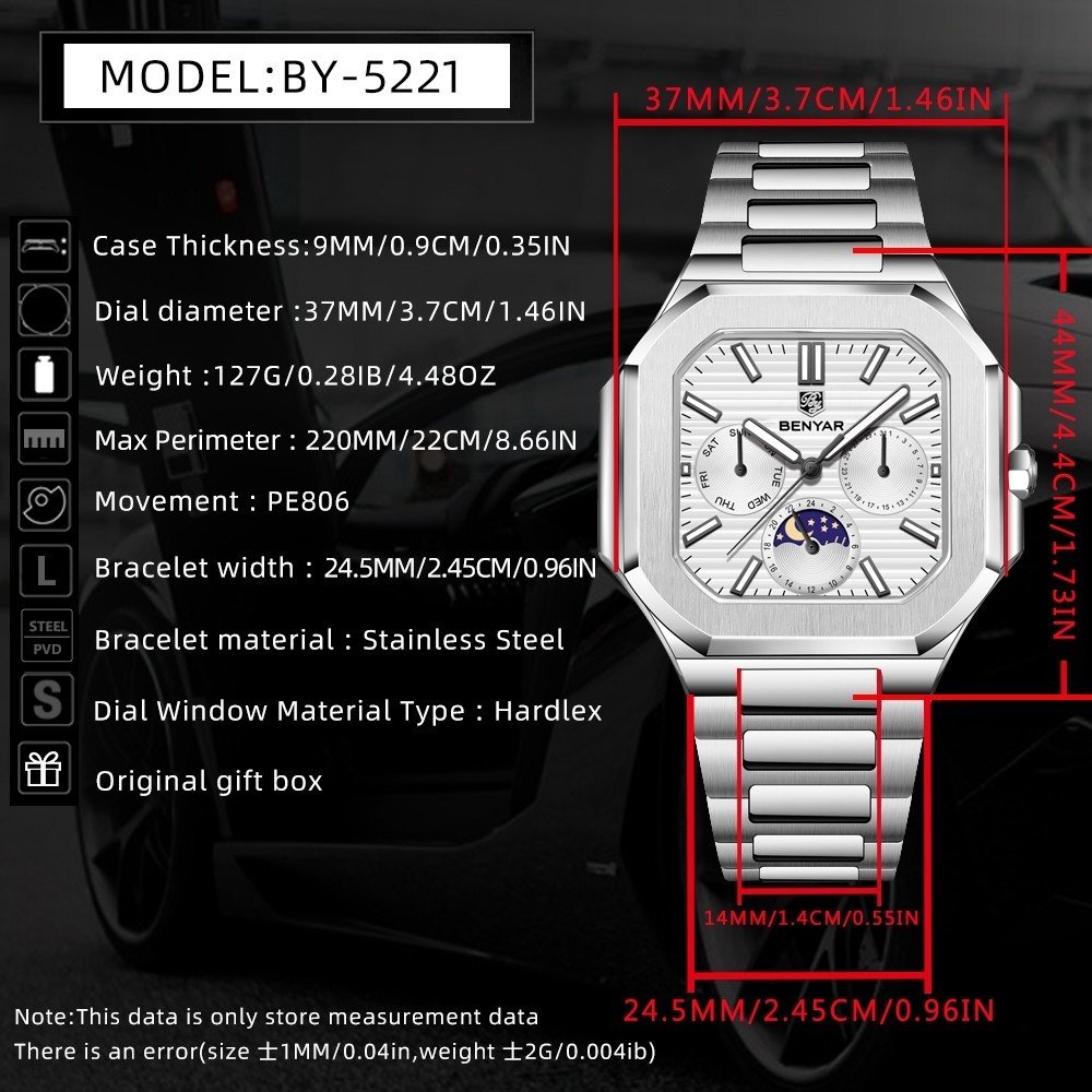 Men’s Quartz Watch Moonphase Hardlex Crystal Luminous Waterproof Stainless Steel