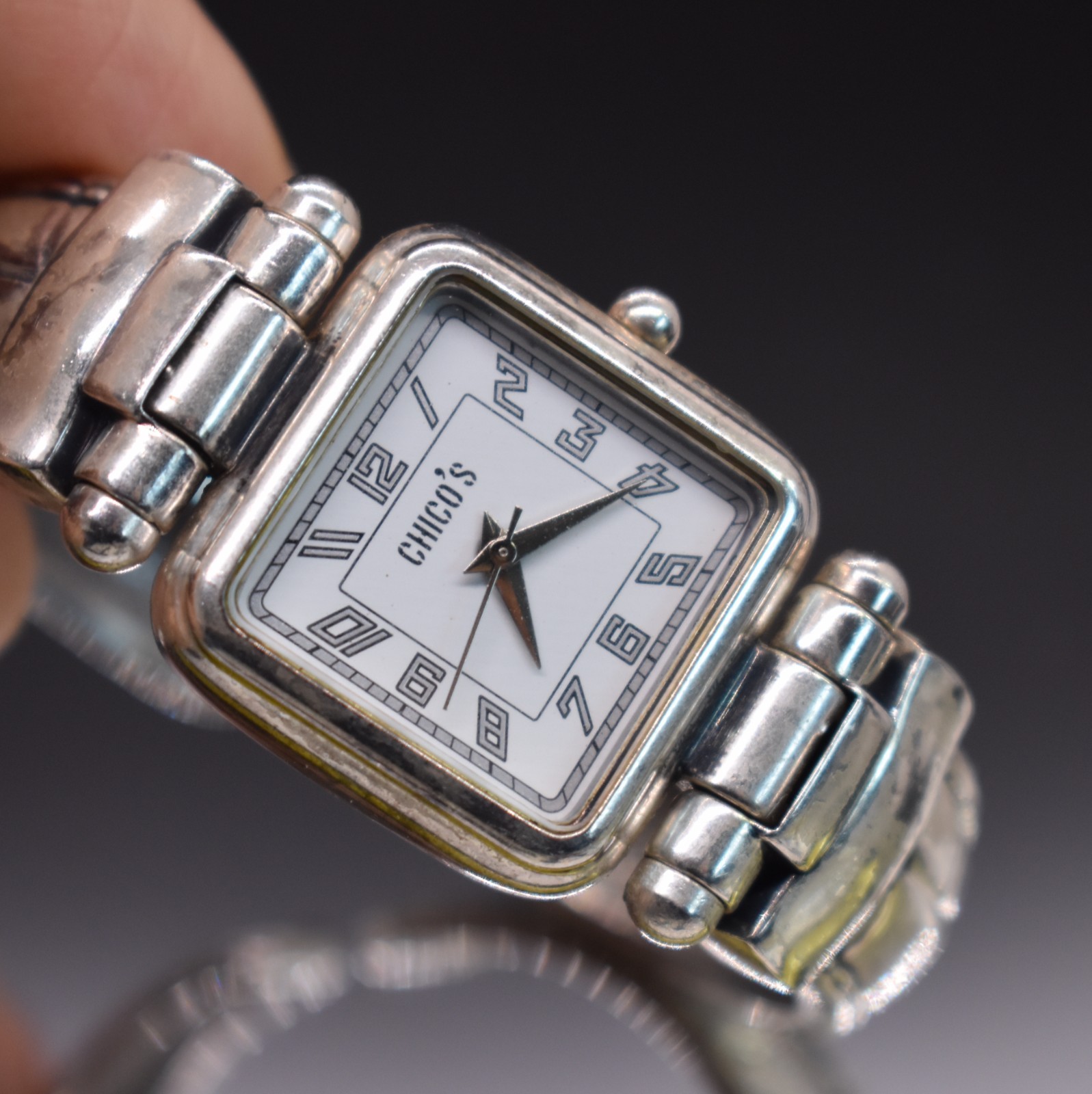 CHICO’S Silver Tone Square Dial Watch Women OX Cuff Bracelet Band NEW BATTERY