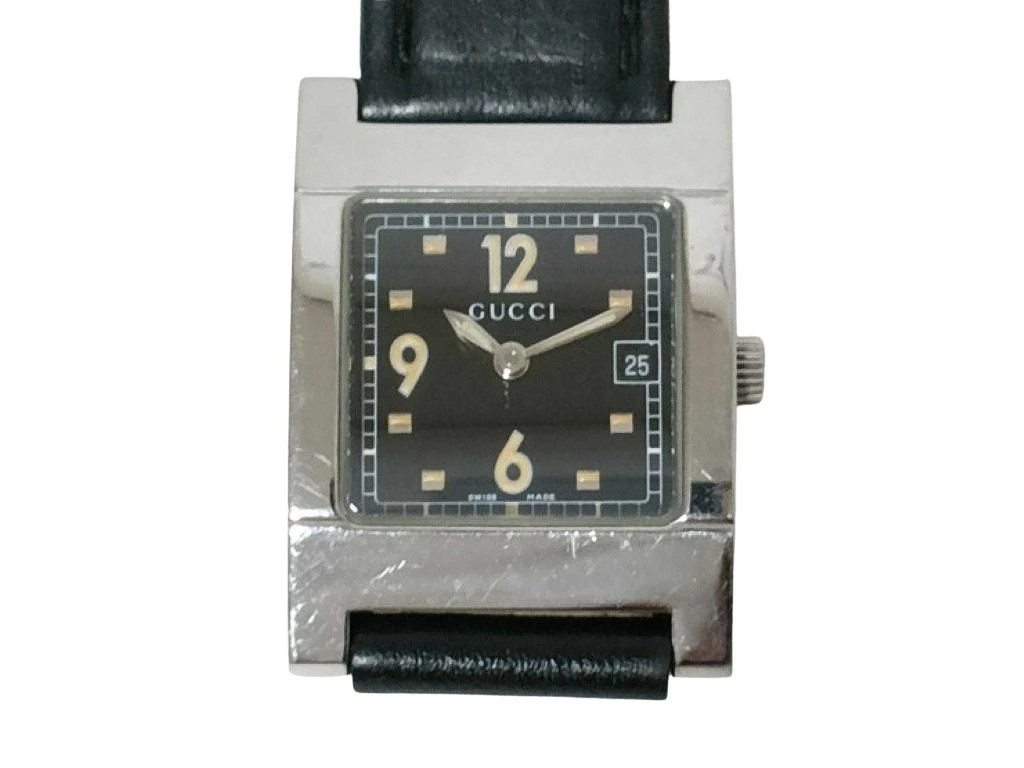 GUCCI Watch 7700L Black Silver Stainless Leather Ladies Analog Square Authentici