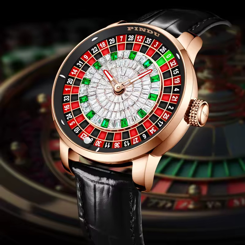 🔥USA🔥 PINDU Design NH35A Rotary Roulette Casino Mechanical Watch Leather P6616