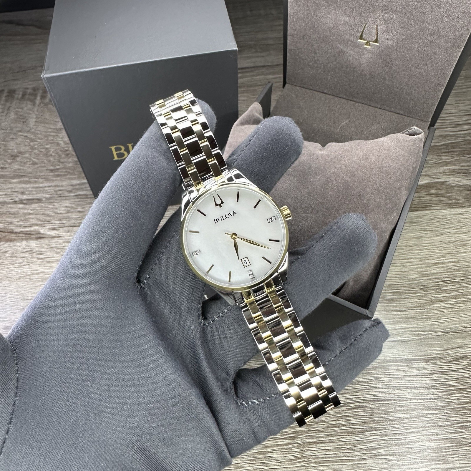 NEW✅DIAMONDS✅ Bulova Classic Two-Tone Mother Pearl Date Womens Watch 36MM 98P201