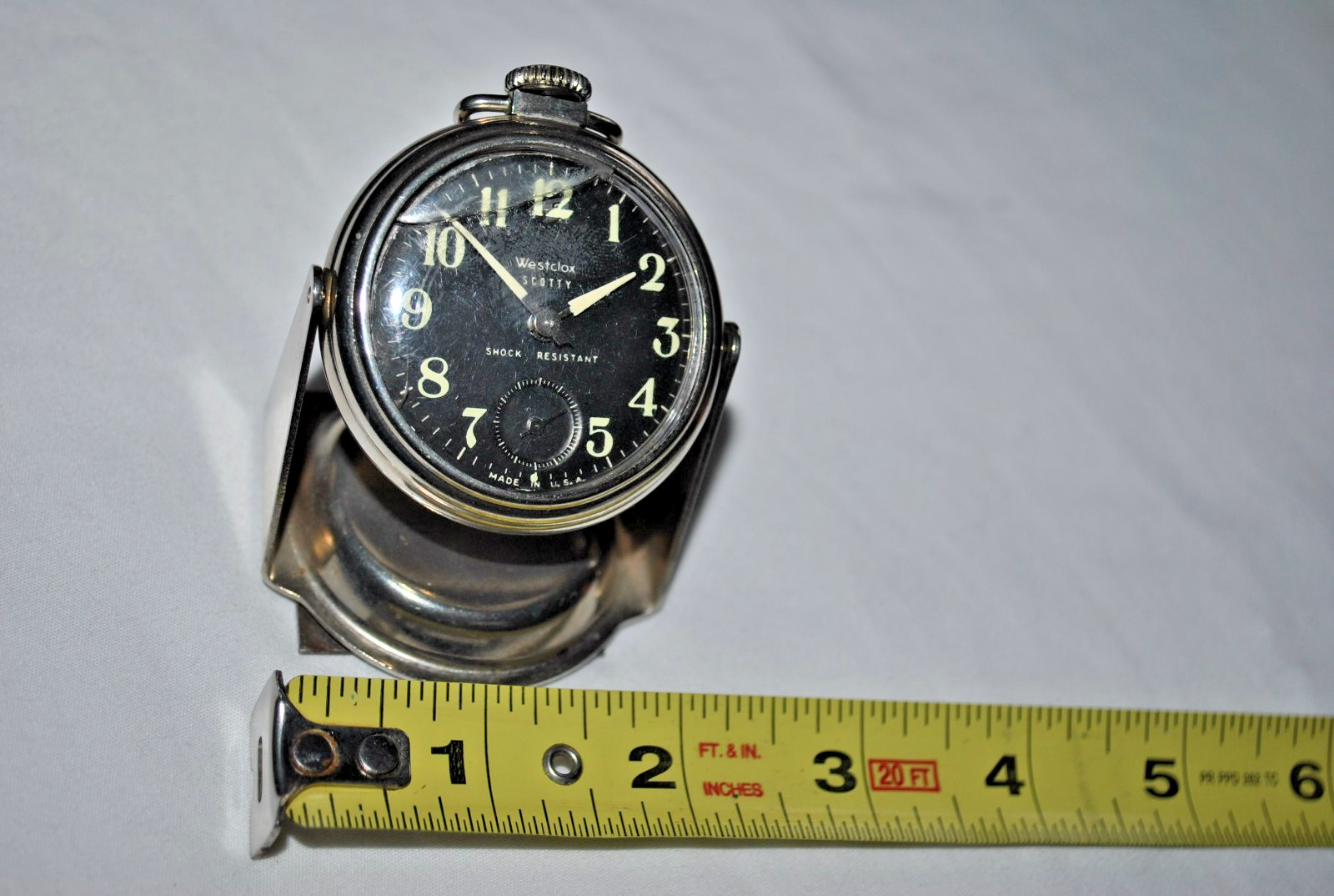 Westclox Scotty Pocket Watch Black Luminous Dial USA Magentic Stand & Chain read