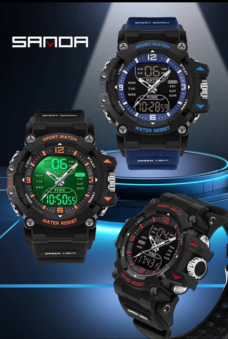 Trendy dual display dial multifunctional sports style quartz waterproof watch