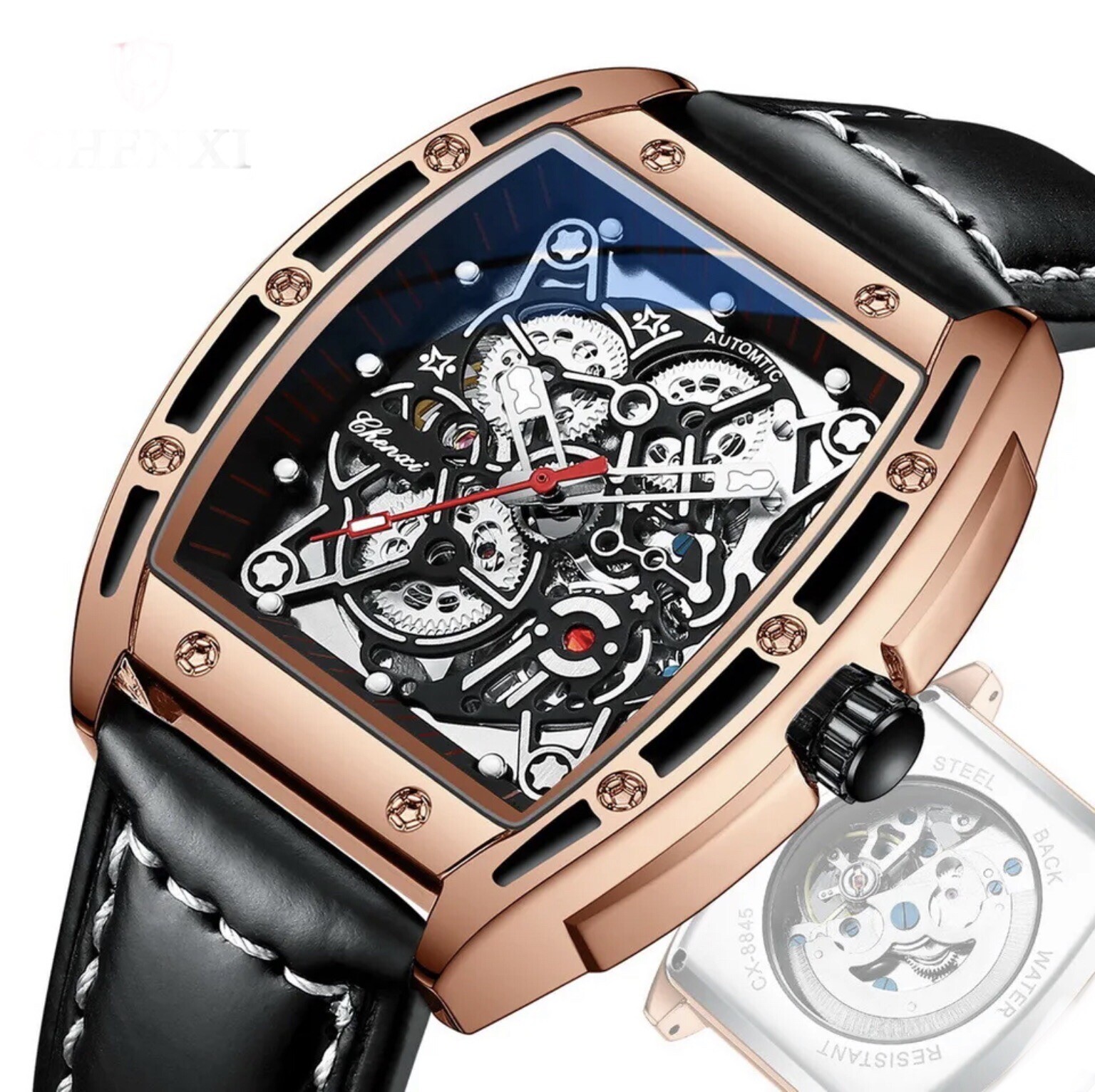 CHENXI Men’s Skeleton Automatic Mechanical Tonneau Shaped Watch Waterproof Gift