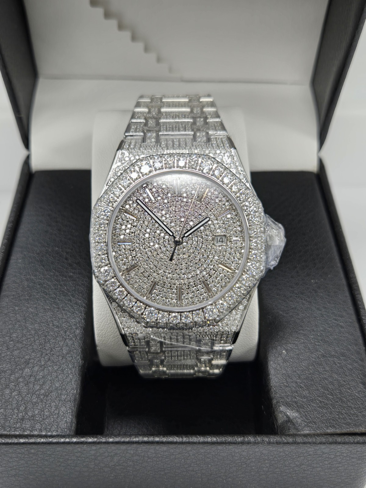 Moissanite Watch, Stainless Steel Case & Band, Diplomat Buckle, Brand New w/Box