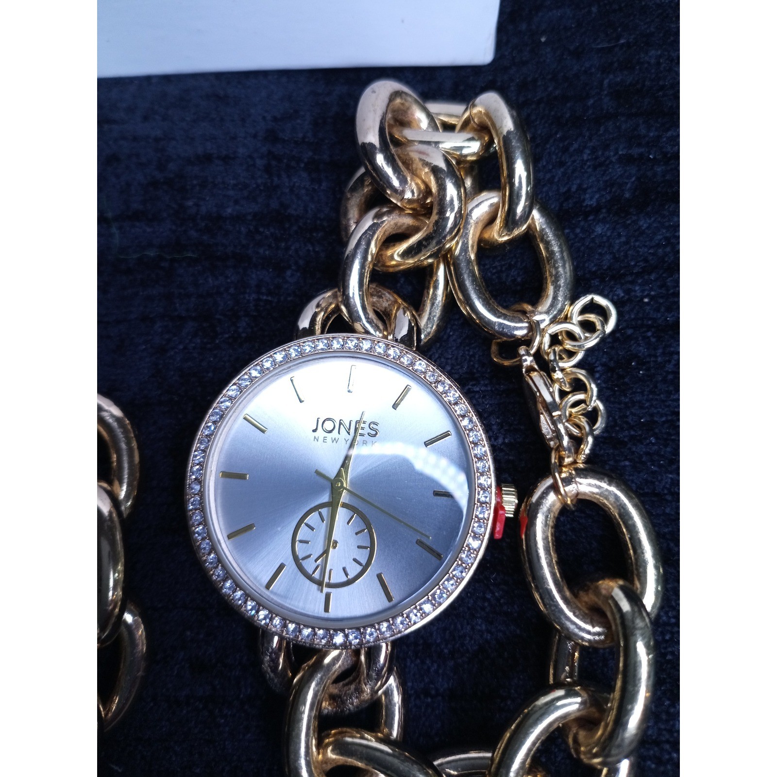Jones New York Gold Tone Chunky Chain Watch and Bracelet Set Crystal Bezel Boxed
