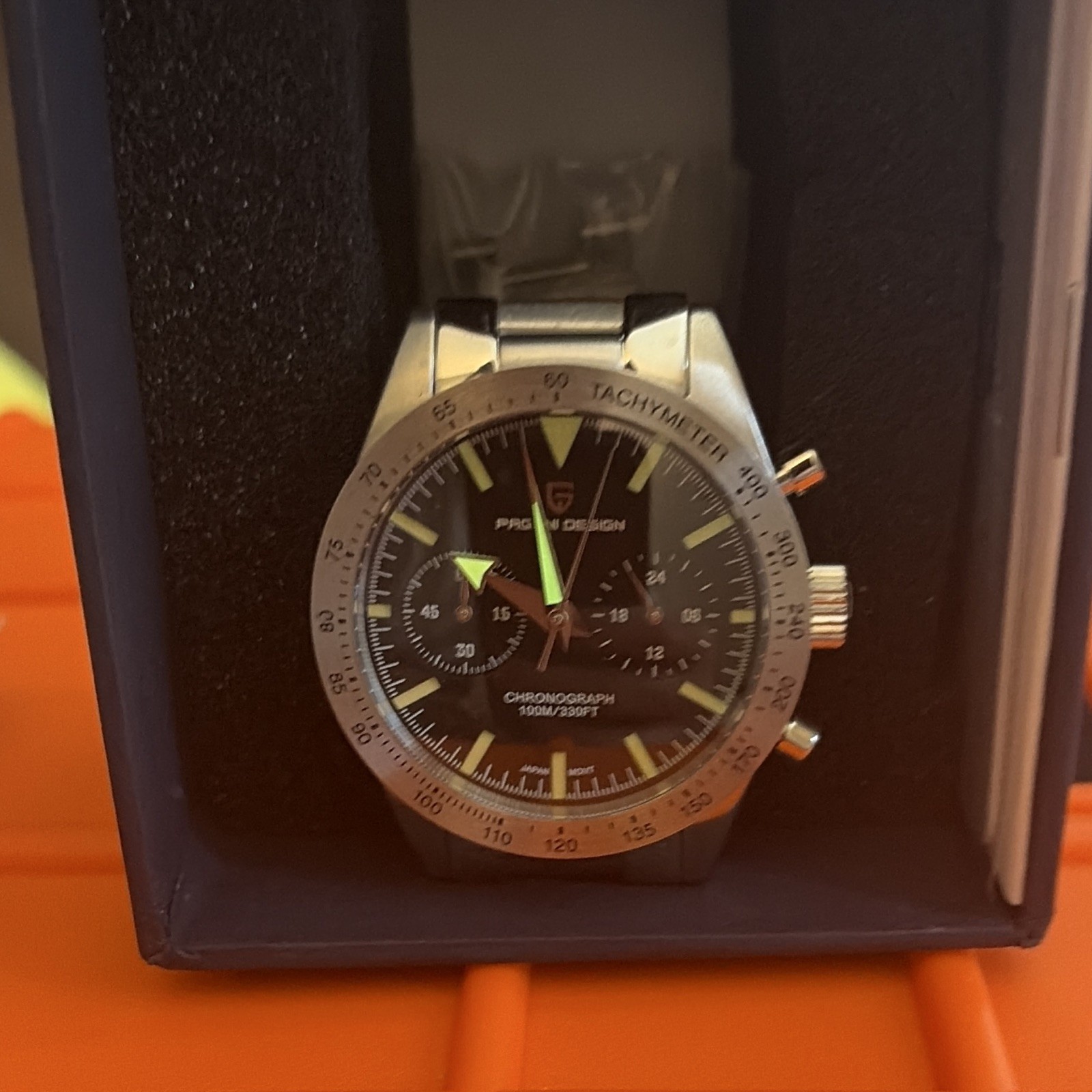 Pagani Design Chronograph Tachymeter Quartz 40mm Black Dial Steel Bracelet 100m