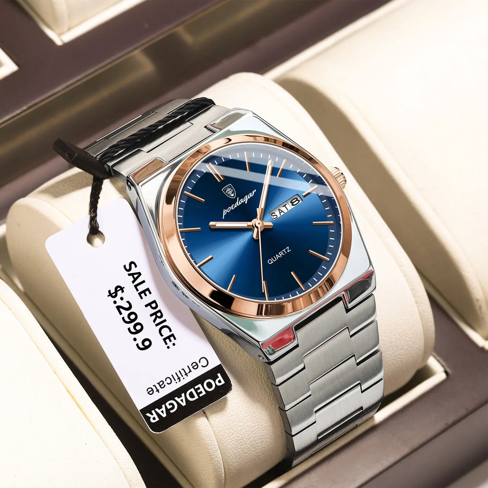 POEDAGAR Men’s Quartz Watch Stainless Steel Waterproof Day Date Luminous