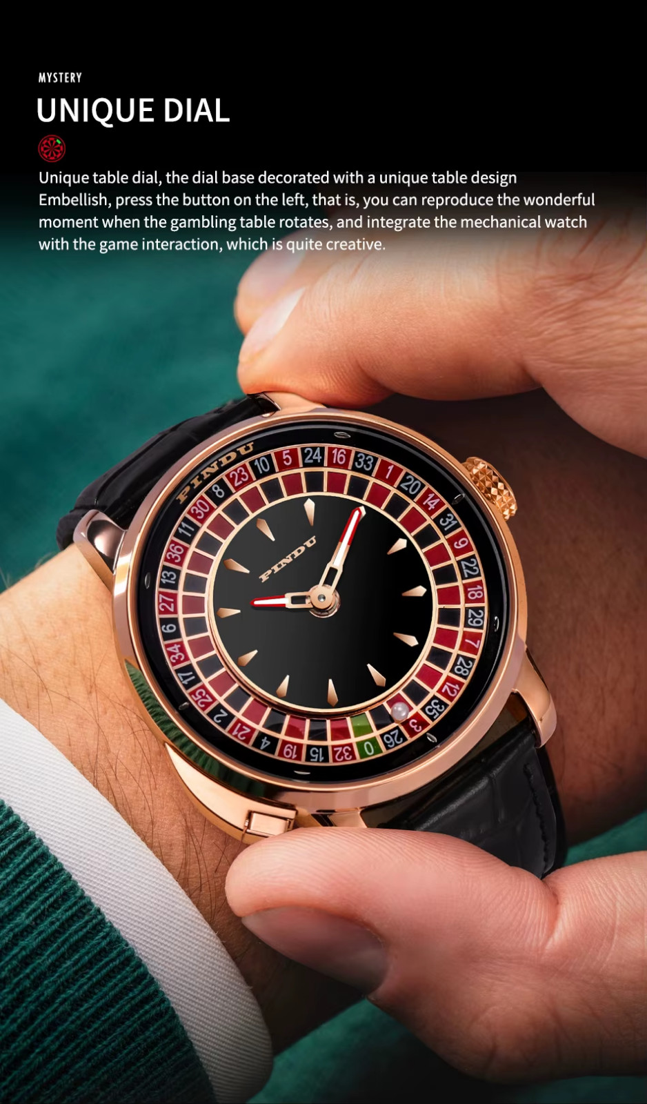 PINDU Luxury 46mm Men’s Automatic Watch 5ATM Casino Tourbillon Rotating Roulette