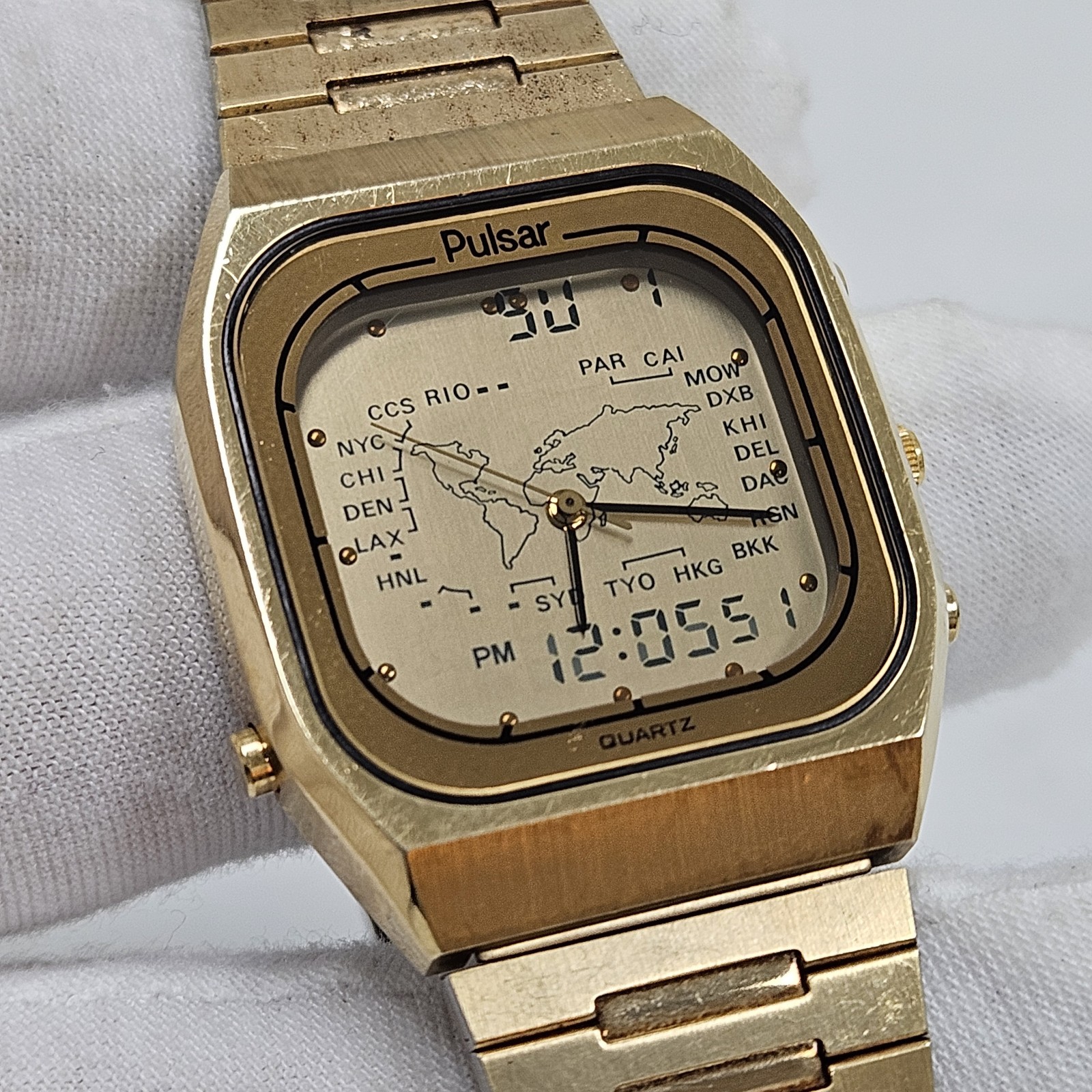 VINTAGE PULSAR ANA-DIGI Y951-5009 WORLD TIME MEN’S WATCH GOLD TONE NEW BATTERY