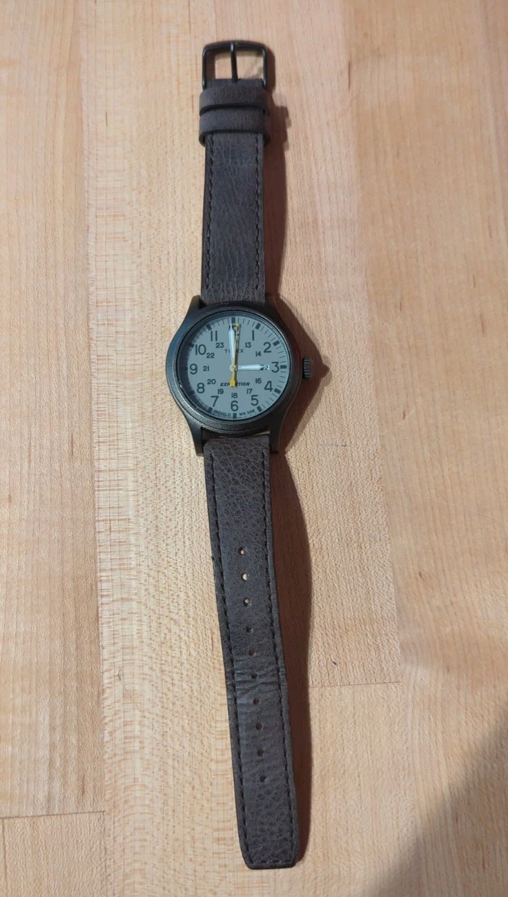 TIMEX Expedition Indiglo MENS Watch Brown Beige Leather Strap HIKING OUTDOORS