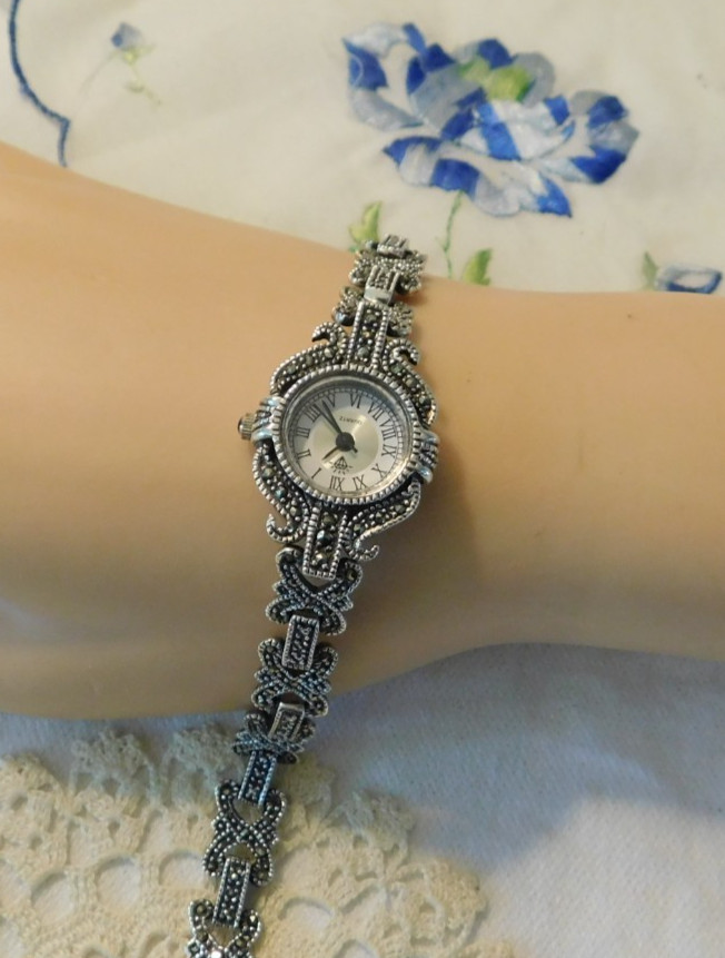 Sterling Silver Marcasite Quartz Watch 925 Art Deco Style WORKS