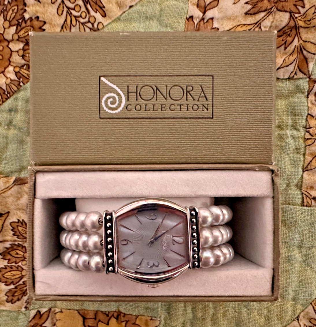 HONORA Watch Blue Gray Freshwater Pearl Triple Cuff Strand Bracelet w Box