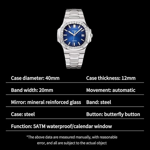 🔥USA🔥PINDU P6502 Men’s Automatic Blue Watch Square Diamond Moon phase