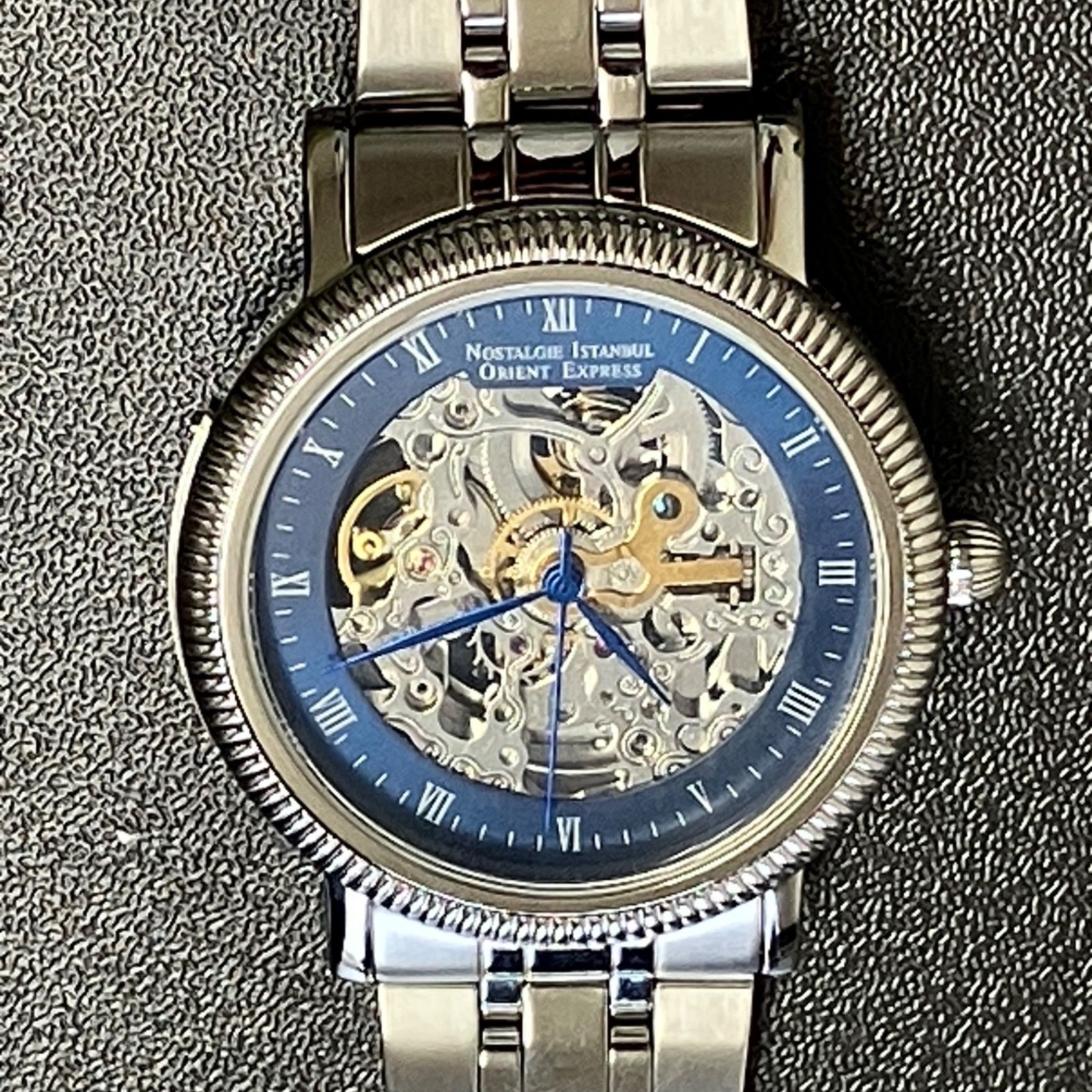 Orient Express OM8017 Automatic Skeleton Watch Blue Dial Silver 5BAR Display