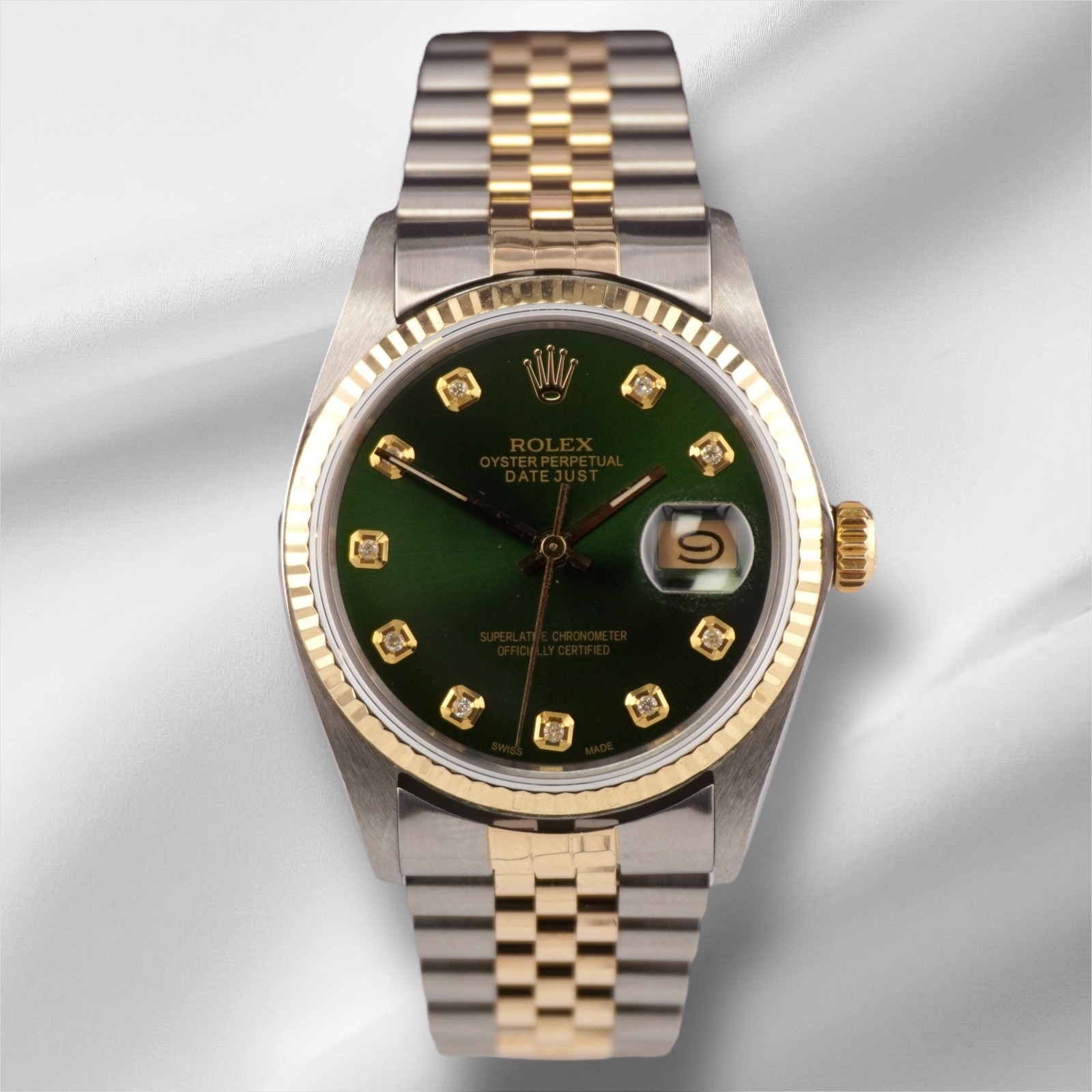 Rolex Datejust 36mm Yellow Gold Fluted Green Diamond Dial Jubilee Watch 16013
