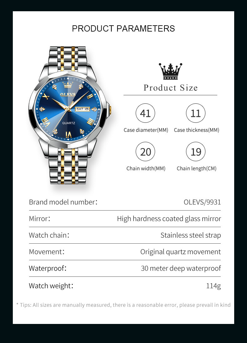 OLEVS Luxury Men’s Quartz Watch Business 3 Bar Luminous Date Stainless Steel