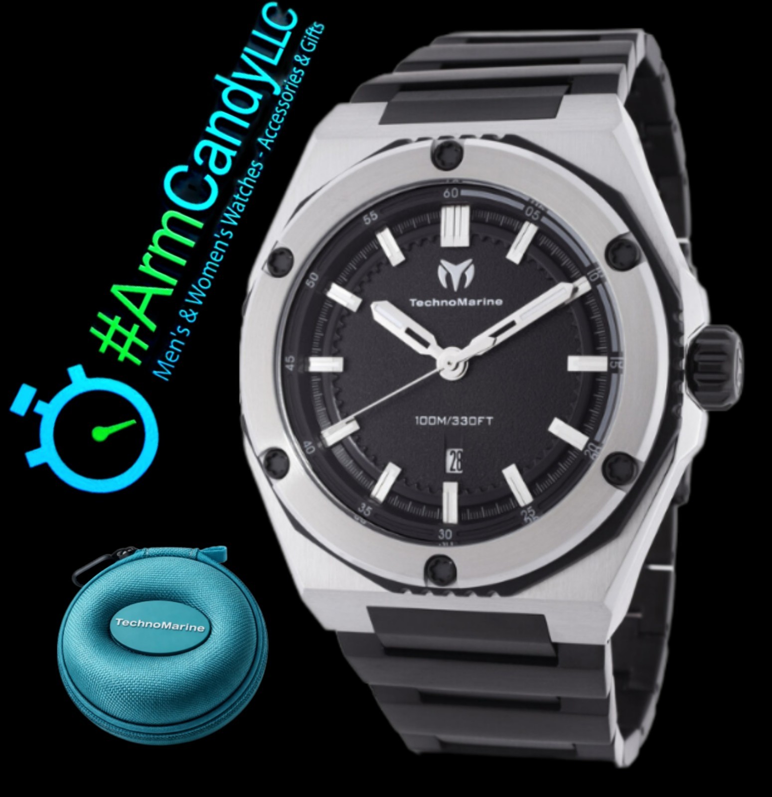 NEW Two-Tone 45mm Men’s Techno Marine Coral Legacy Black & Grey FREE TRAVEL CASE