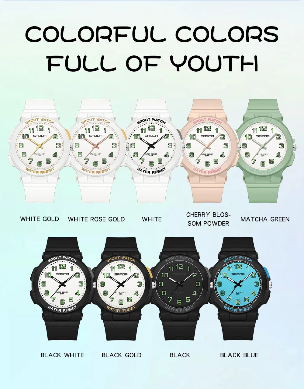 Sanda 6123 Trendy Design Soft Student Watch TPU Strap 50M Depth Waterproof