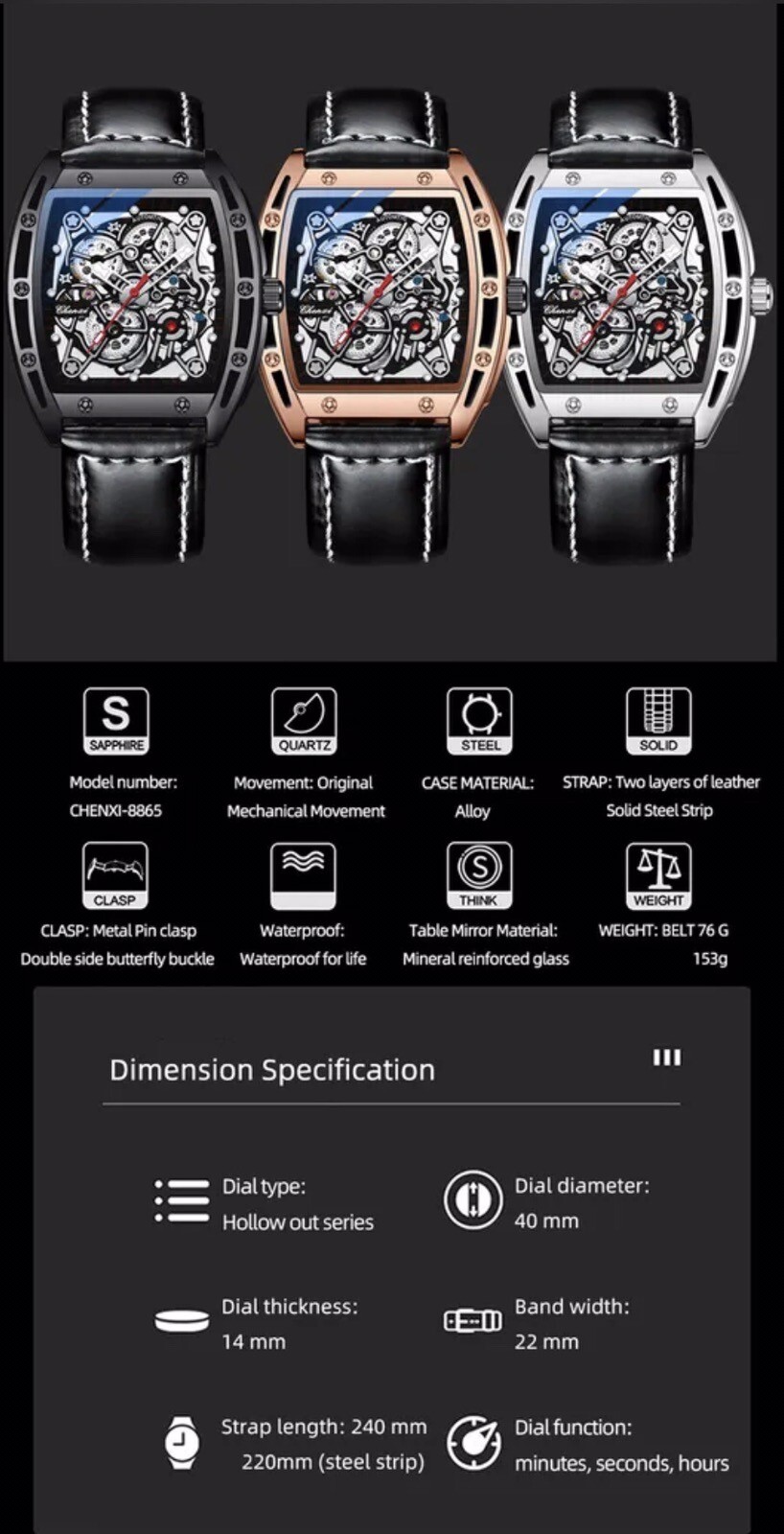 CHENXI Men’s Skeleton Automatic Mechanical Tonneau Shaped Watch Waterproof Gift
