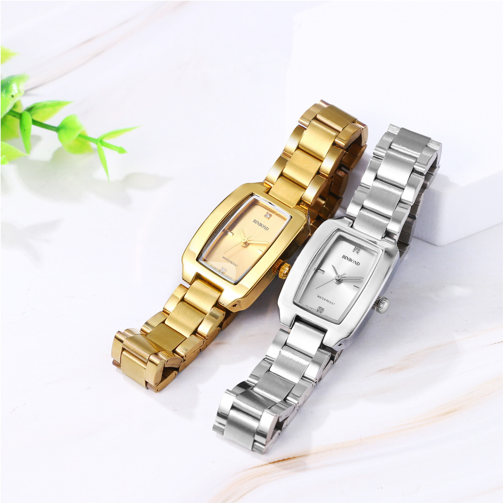 Women’s Charm Rectangle Dial Quartz Wrist Watch Stainless Steel Rhinestone Dial