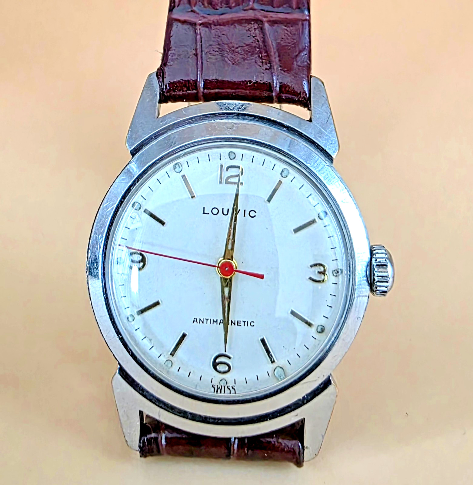 LOUVIC Rare Vintage 31mm 1950s Mechanical Swiss 7 Jewel S/S Red Second Hand Mens