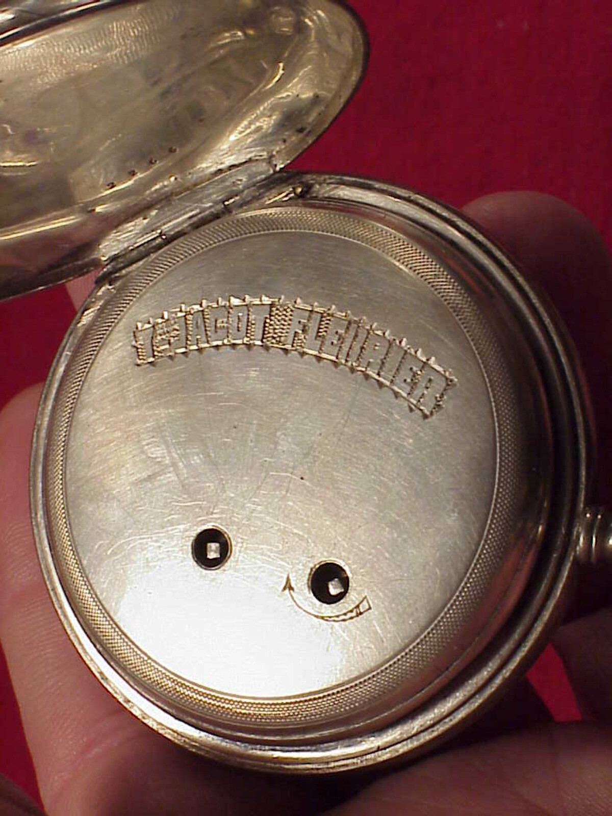 VINTAGE 55MM T JACOT BAT WING RUBY CRAB CLAW CHINESE DUPLEX SILVER POCKET WATCH