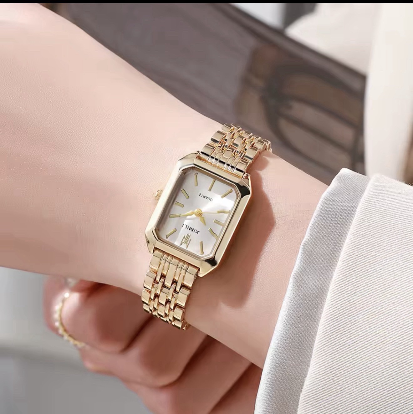Women’s Quartz Analog Rectangle Watch Gold Tone Bracelet Crystal Bezel