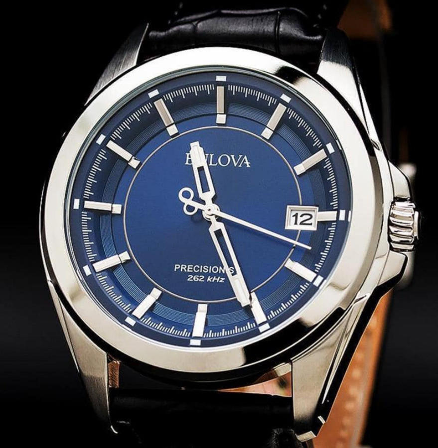 Bulova Precisionist Blue Dial Silver Tone Black Leather Band Men’s Watch 96B257